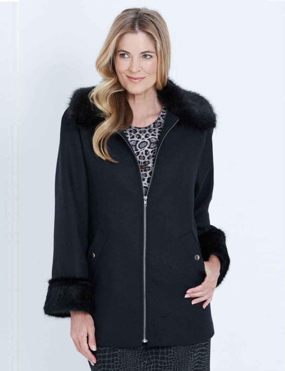 Outerwear LizJordan | Liz Jordan Long Sleeve Faux Fur Trim Zip Coat