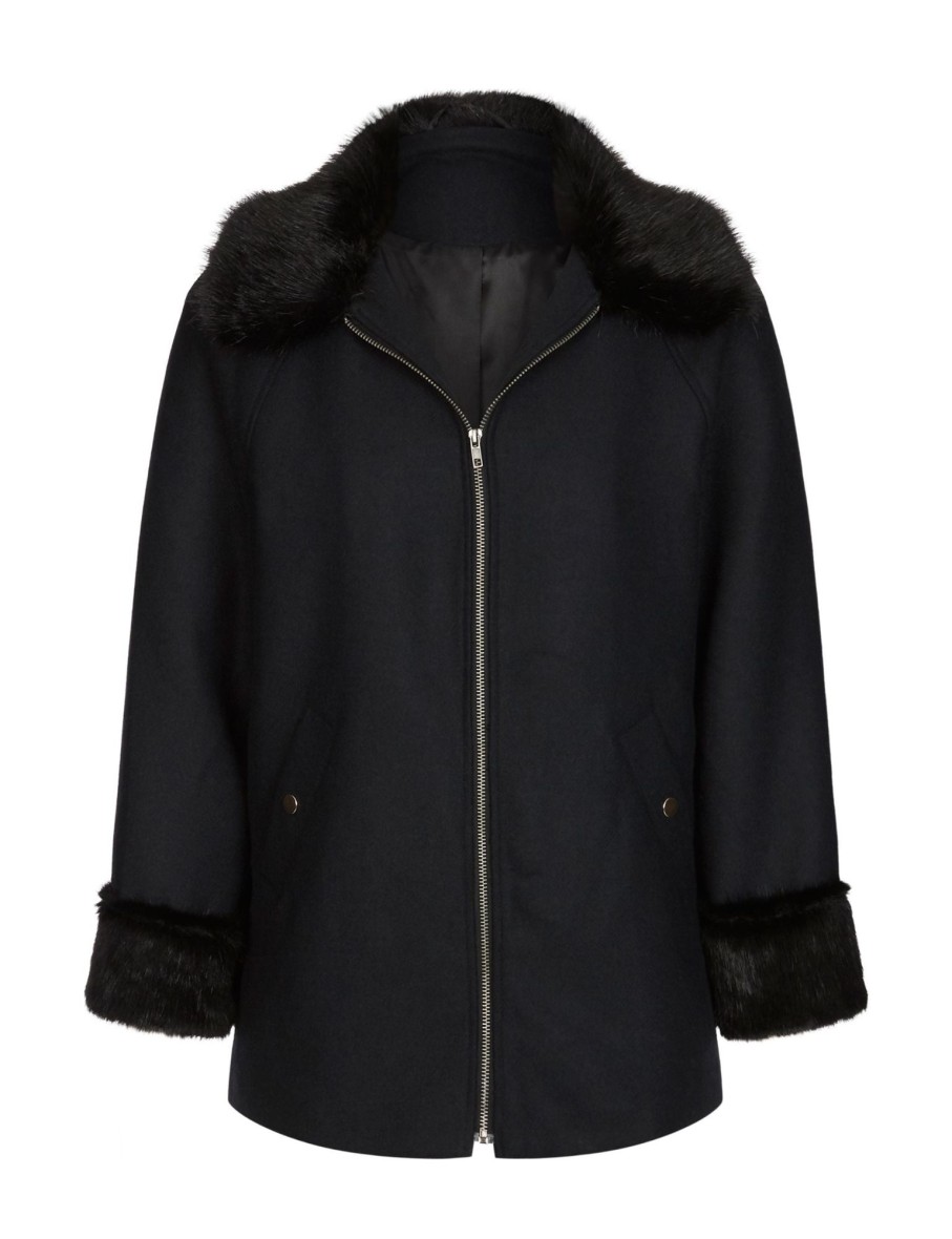 Outerwear LizJordan | Liz Jordan Long Sleeve Faux Fur Trim Zip Coat