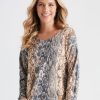 Tops Rockmans | Rockmans Long Sleeve Brushed Animal Print Top