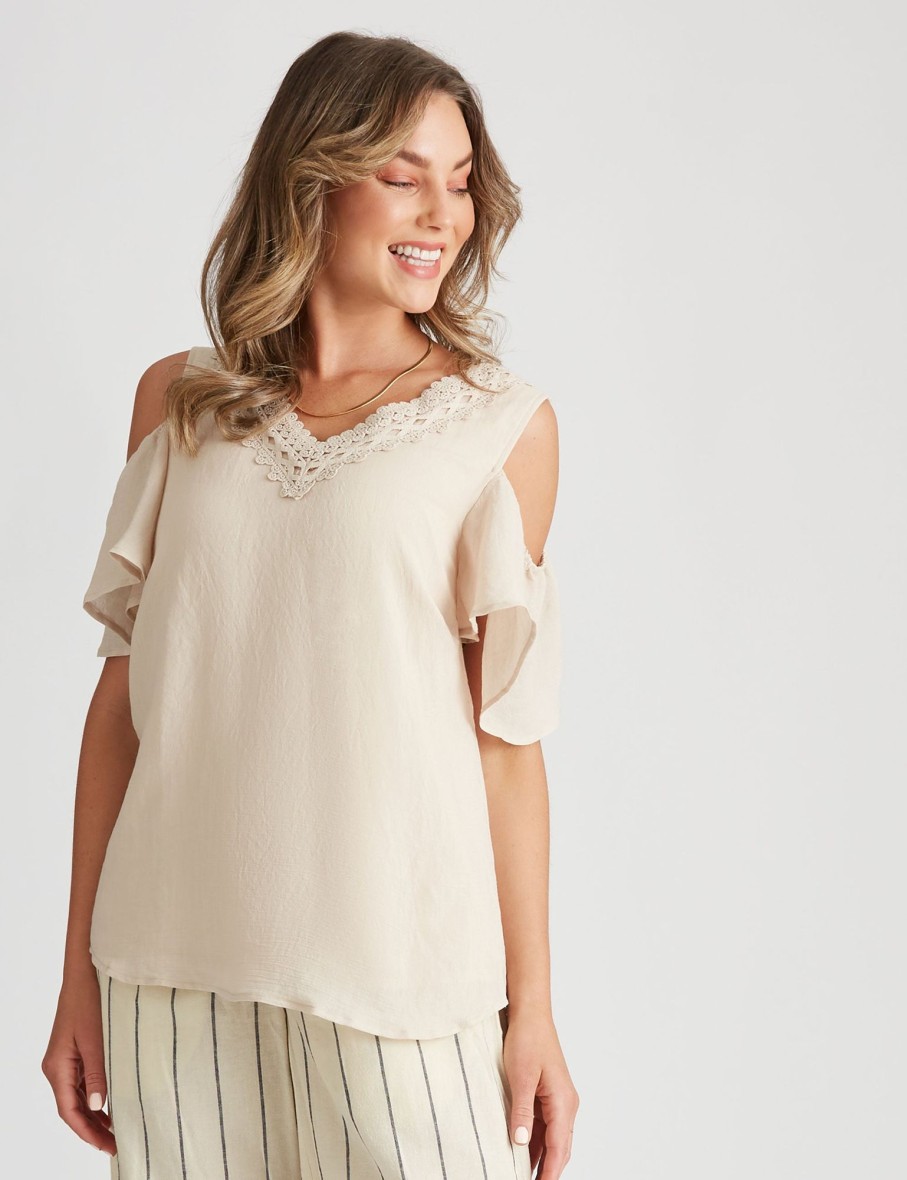 Tops Rockmans | Rockmans Short Sleeve Woven Cold Shoulder Lace Top