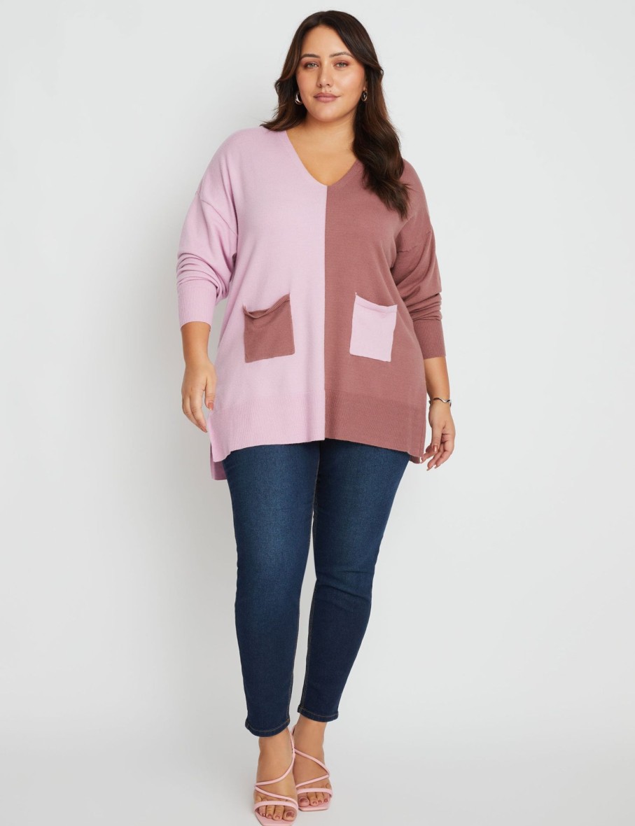 Knitwear Beme | Beme Long Sleeve V Neck Colourblock Jumper