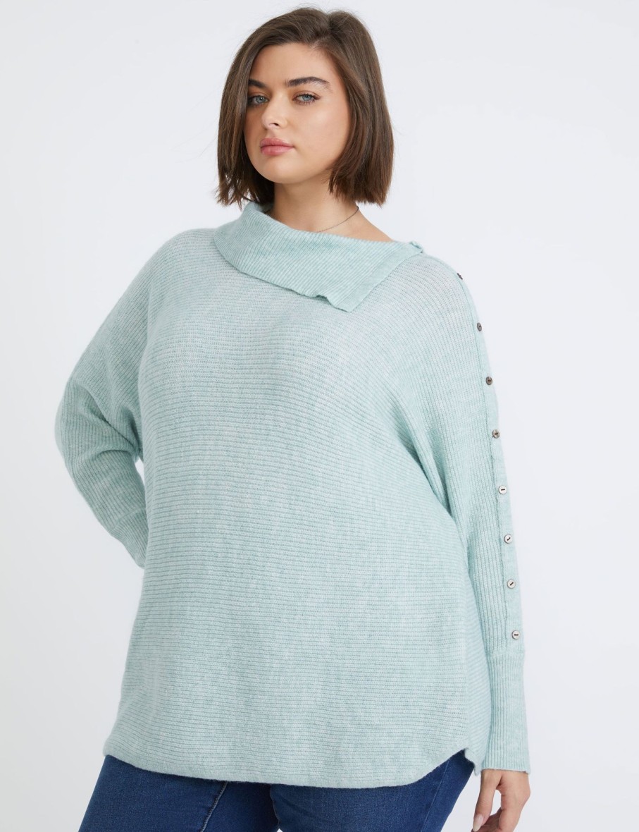 Knitwear Beme | Beme Long Sleeve Button Detail Curve Hem Pullover Top