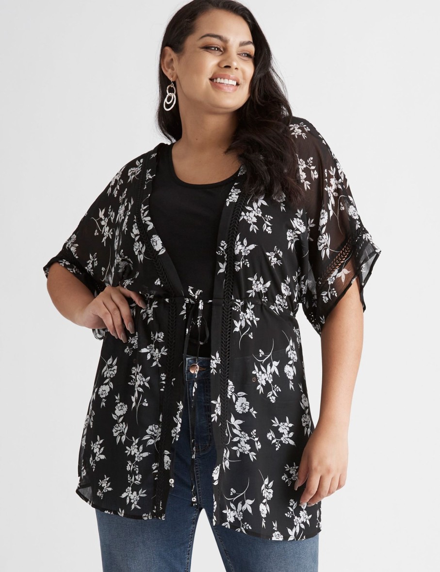 Outerwear Beme | Beme Tie Waist Printed Kimono