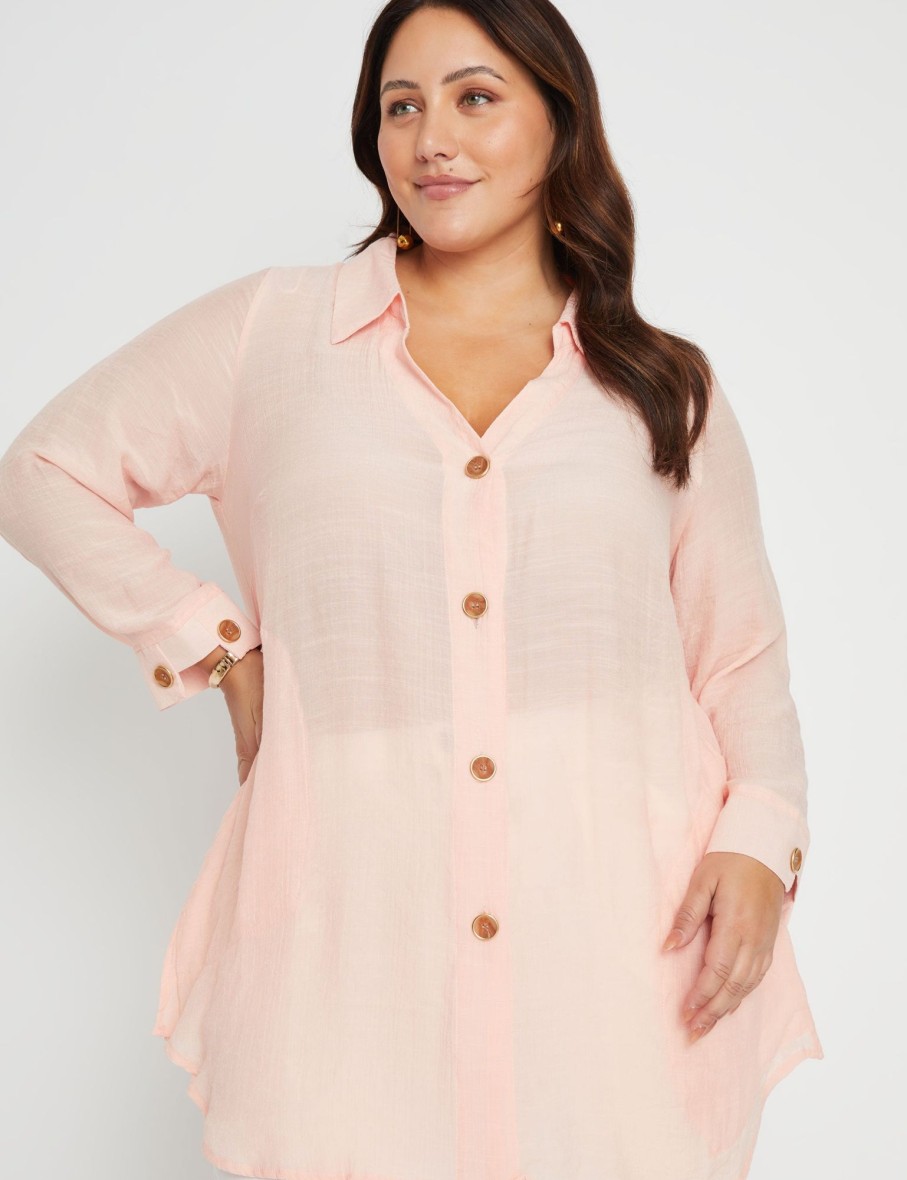 Tops Beme | Beme 3/4 Sleeve Button Detail Double Layer Woven Tunic Shirt