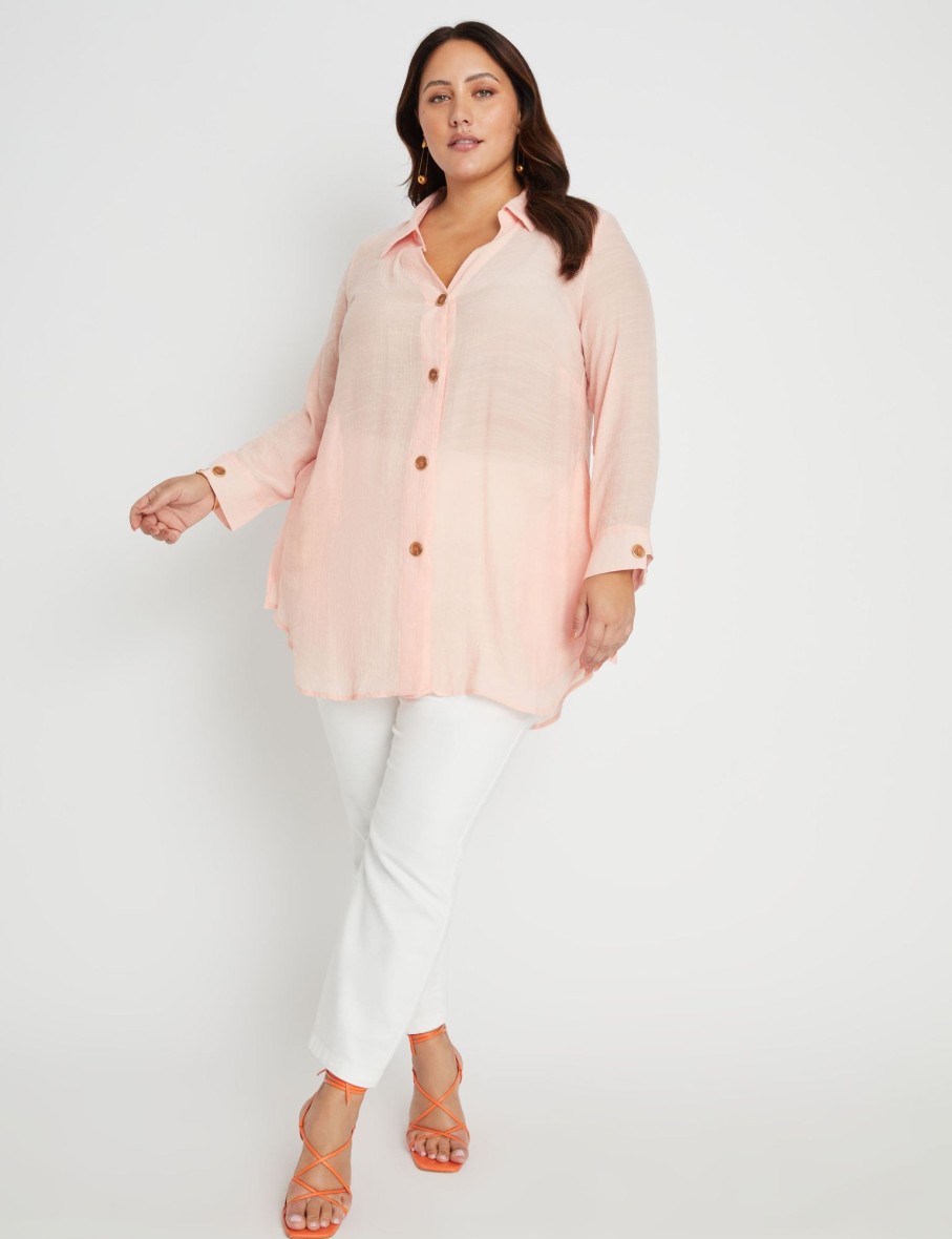 Tops Beme | Beme 3/4 Sleeve Button Detail Double Layer Woven Tunic Shirt