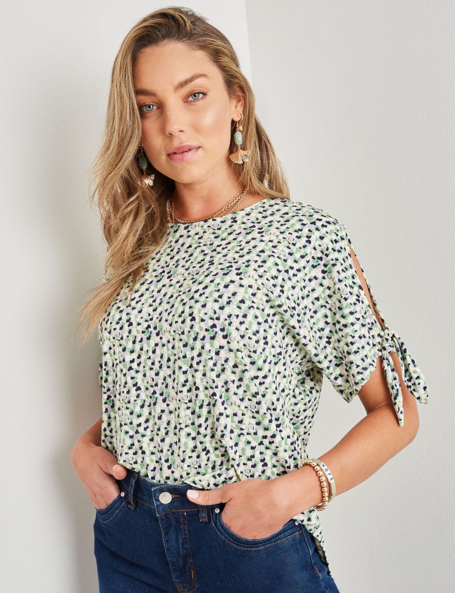 Tops Rockmans | Rockmans Elbow Tie Sleeve Cold Shoulder Top