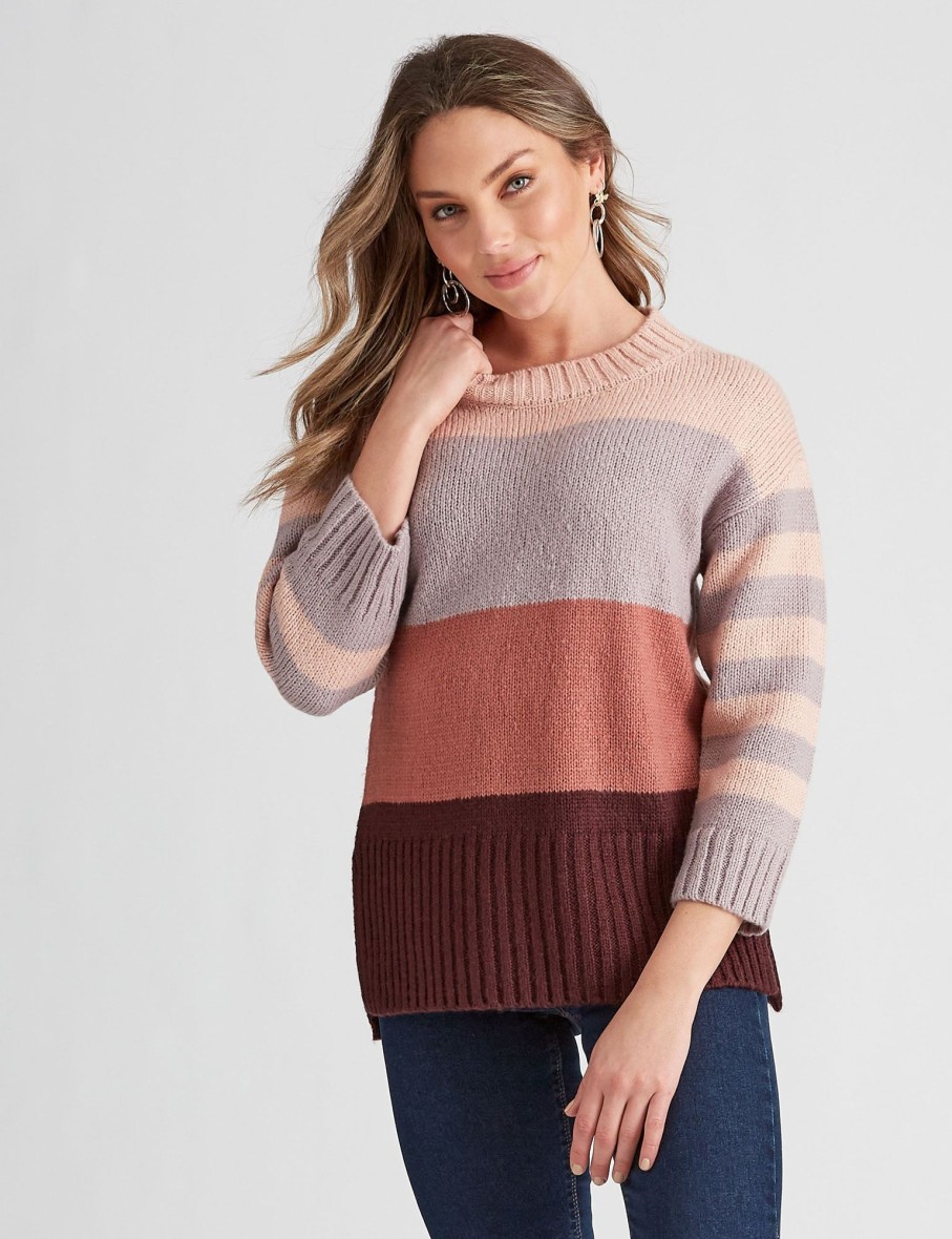 Knitwear Rockmans | Rockmans 3/4 Sleeve Colour Block Knitwear Top