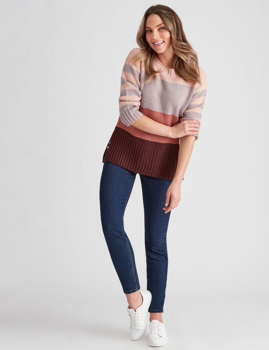 Knitwear Rockmans | Rockmans 3/4 Sleeve Colour Block Knitwear Top