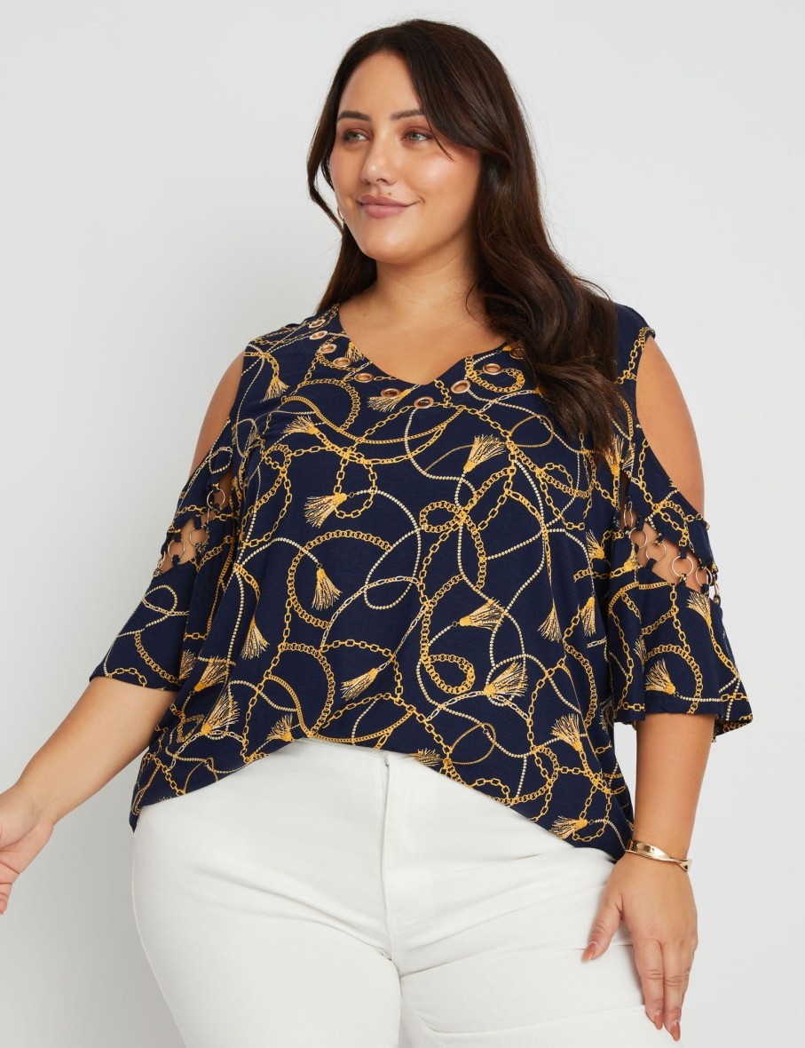 Tops Beme | Beme Short Cold Shoulder Sleeve Eyelet Trim Top