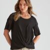 Tops Rockmans | Rockmans Short Sleeve Knitwear Lace Shoulder Top