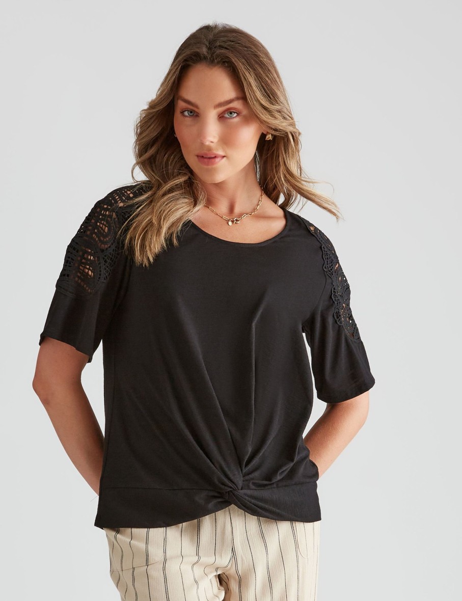 Tops Rockmans | Rockmans Short Sleeve Knitwear Lace Shoulder Top