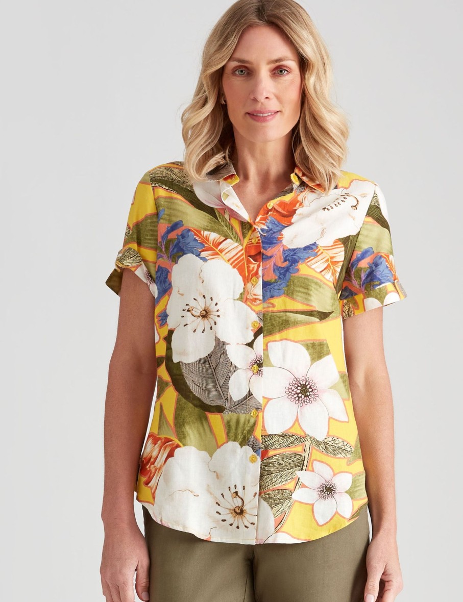 Tops NoniB | Noni B Short Sleeve Print Linen Shirt