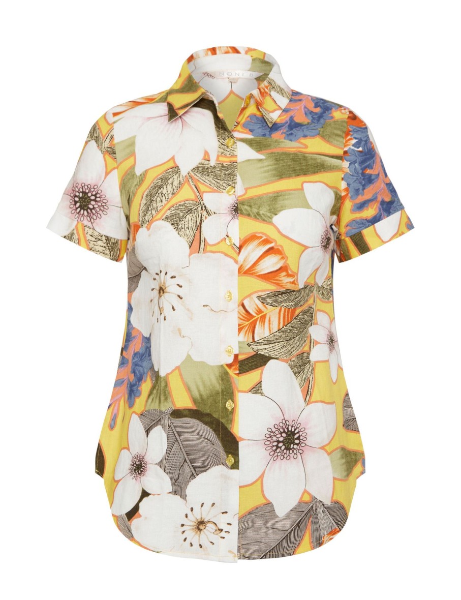 Tops NoniB | Noni B Short Sleeve Print Linen Shirt