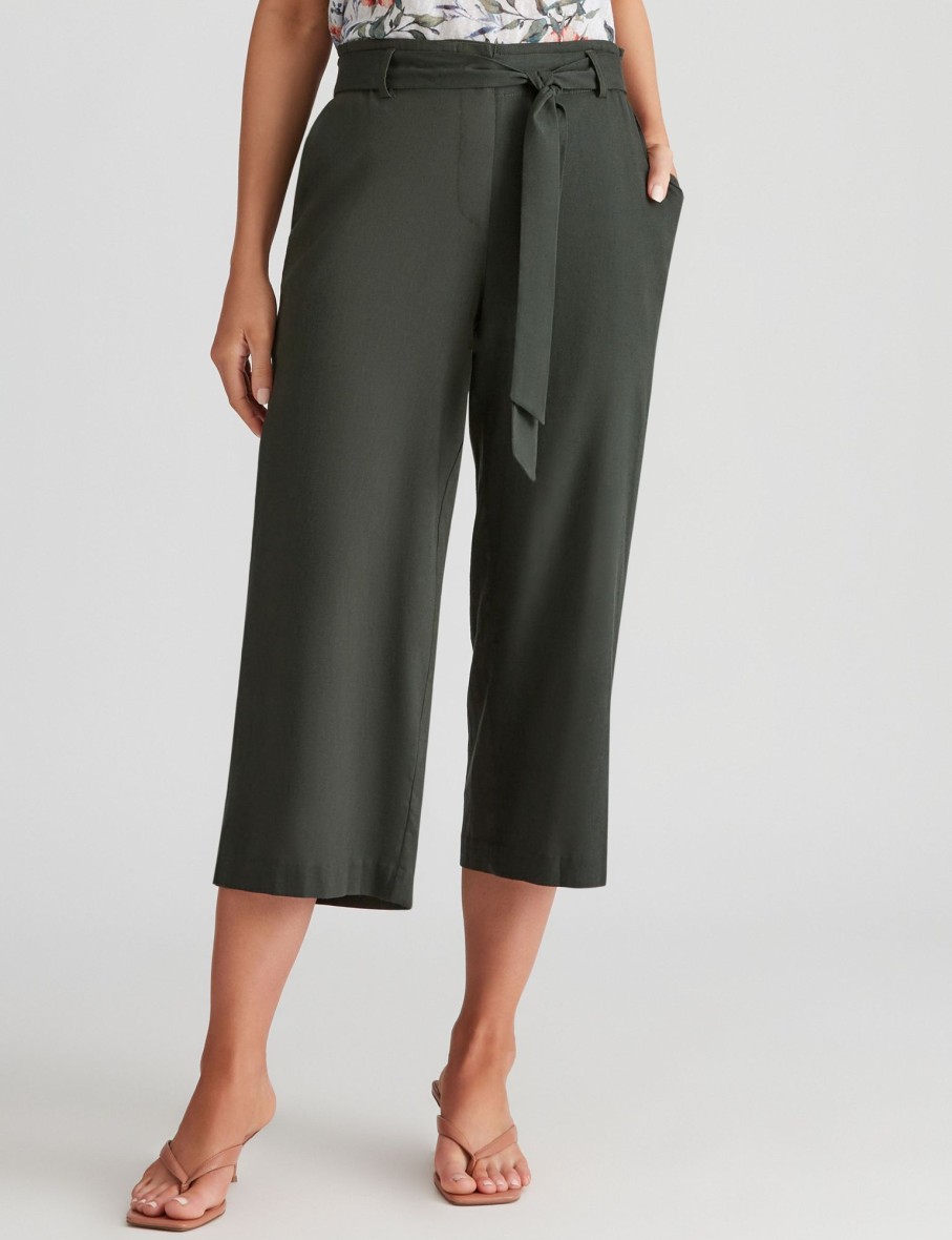 Bottoms Katies | Katies Linen Blend Belted Crop Pants