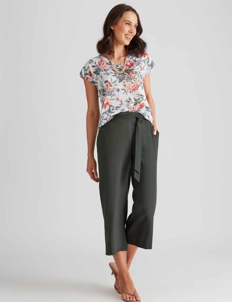 Bottoms Katies | Katies Linen Blend Belted Crop Pants