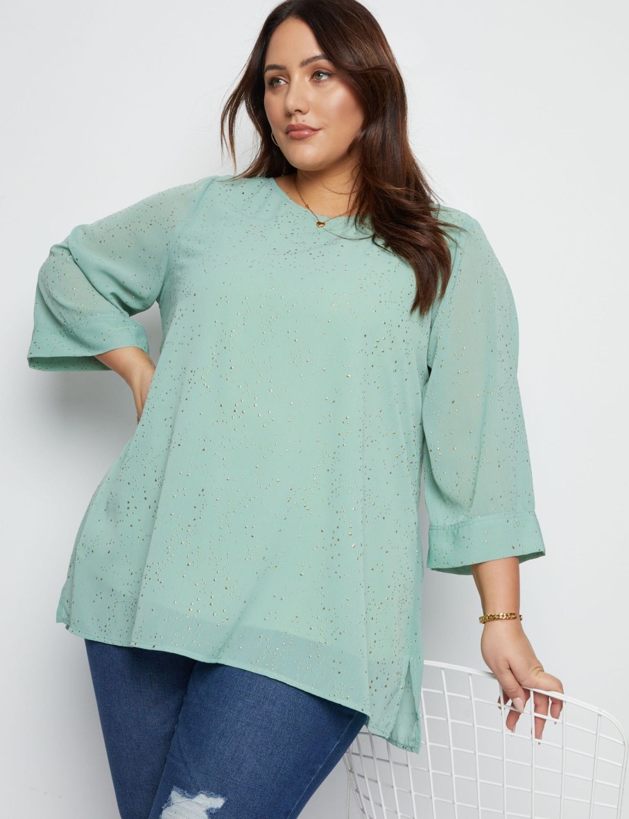 Tops Beme | Beme 3/4 Sleeve V Neck Double Layer Woven Foil Top