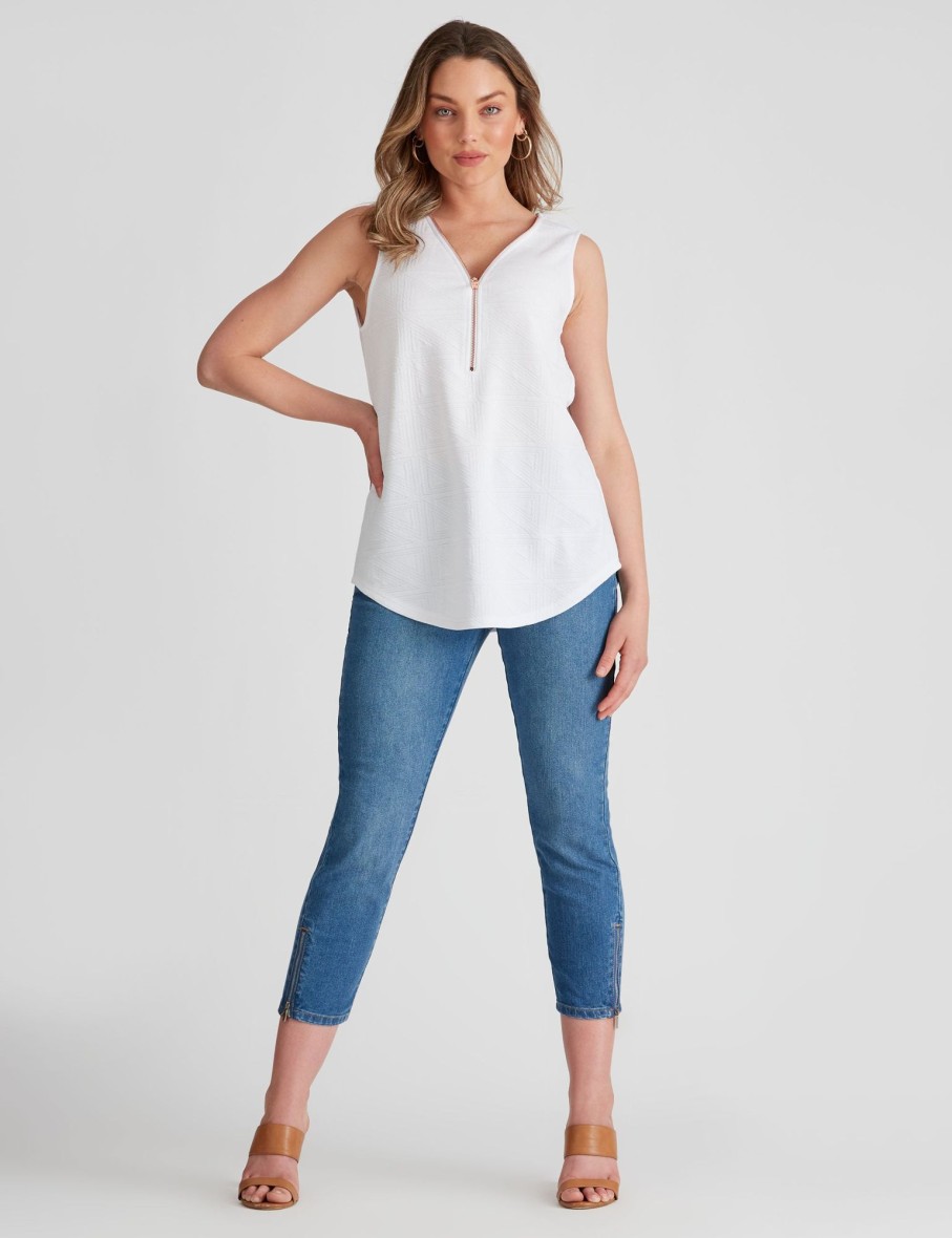 Tops Rockmans | Rockmans Sleeveless Textured Knitwear Zipped Neck Top